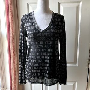 Rock & Republic Women’s Long Sleeve Semi-Shear Top Letter Graphics Black Size S